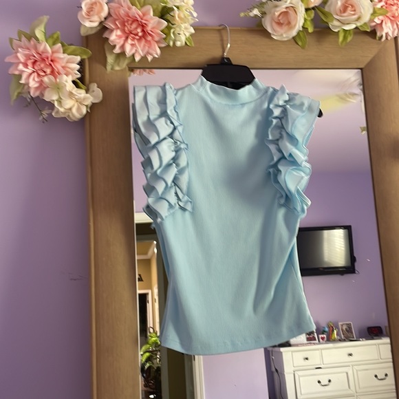 Light Blue Fitted Ruffle Top - Picture 2 of 2